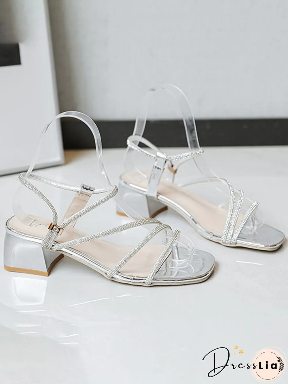 Rhinestone Thin Strap Chunky Heel Sandals