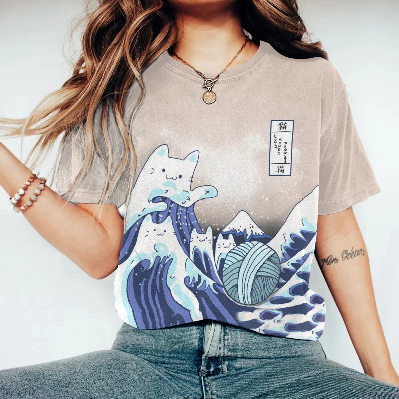 Japanese Art Wave Cat Print T-Shirt