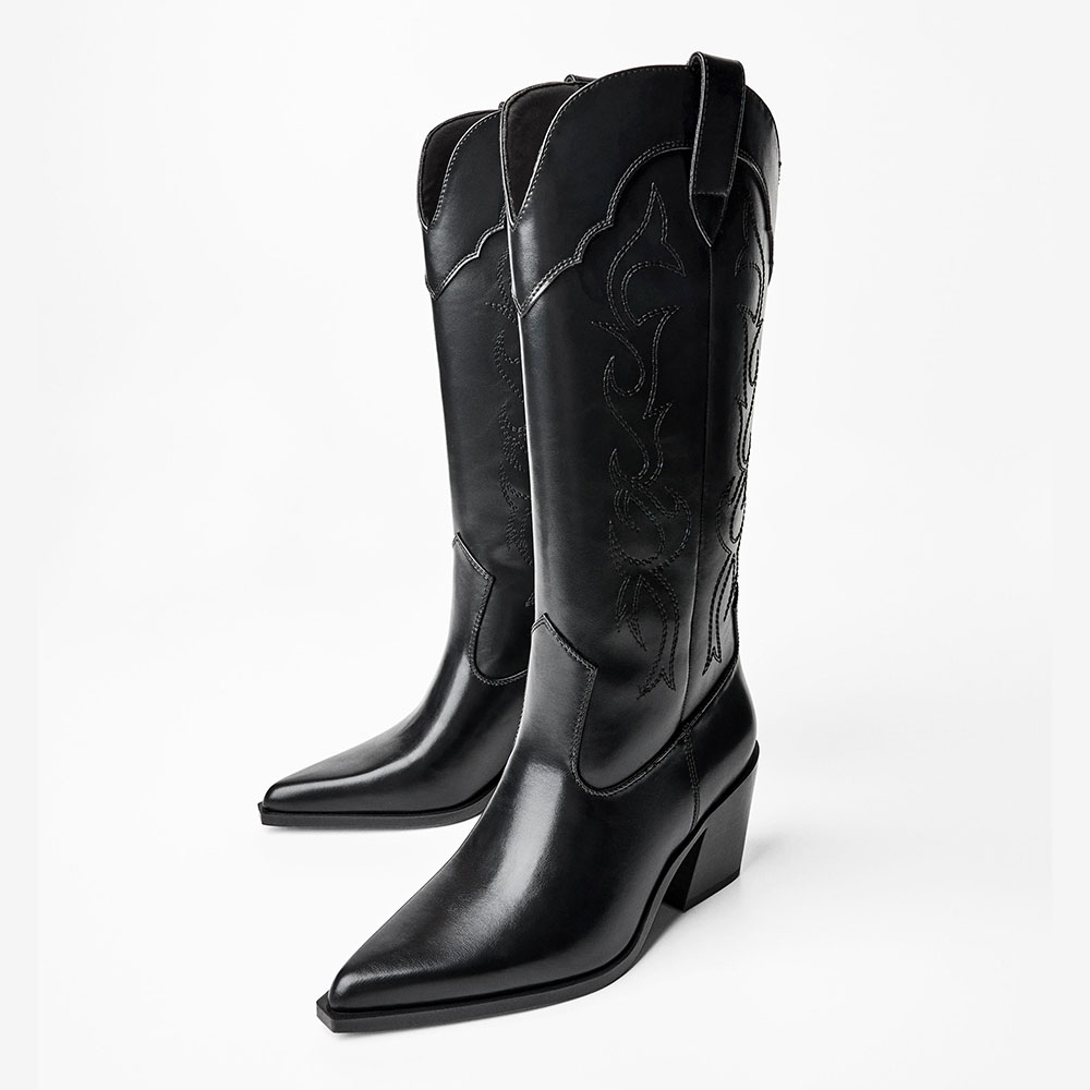 Black Pointed Toe Block Heel Knee High Cowgirl Boots with Embroidery Nicepairs
