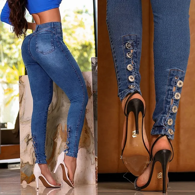 Women's Leggings Denim Jeans Back Button Down Denim Jeans High Elastic Jeans