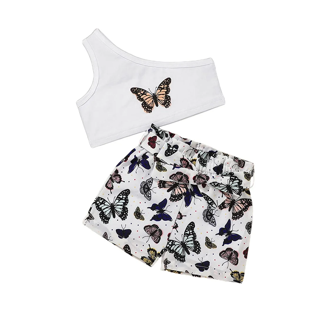 2 Pieces Kids Suit Set, Summer Butterfly Print One Shoulder Sleeveless Short Tops+ Shorts for Girls, 18 Months-6 Years