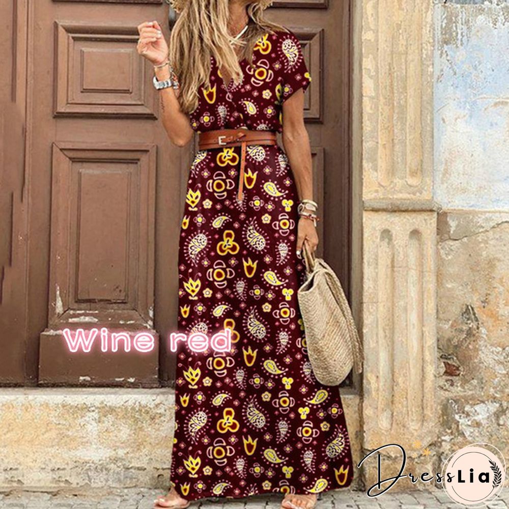 Ladies Summer Sexy Printed Boho Dress with Belt Belt