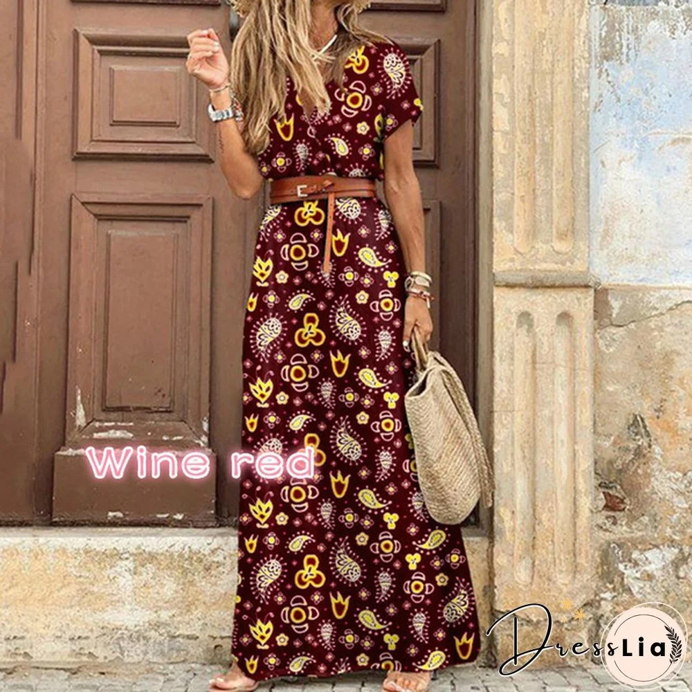 Ladies Summer Sexy Printed Boho Dress with Belt Belt