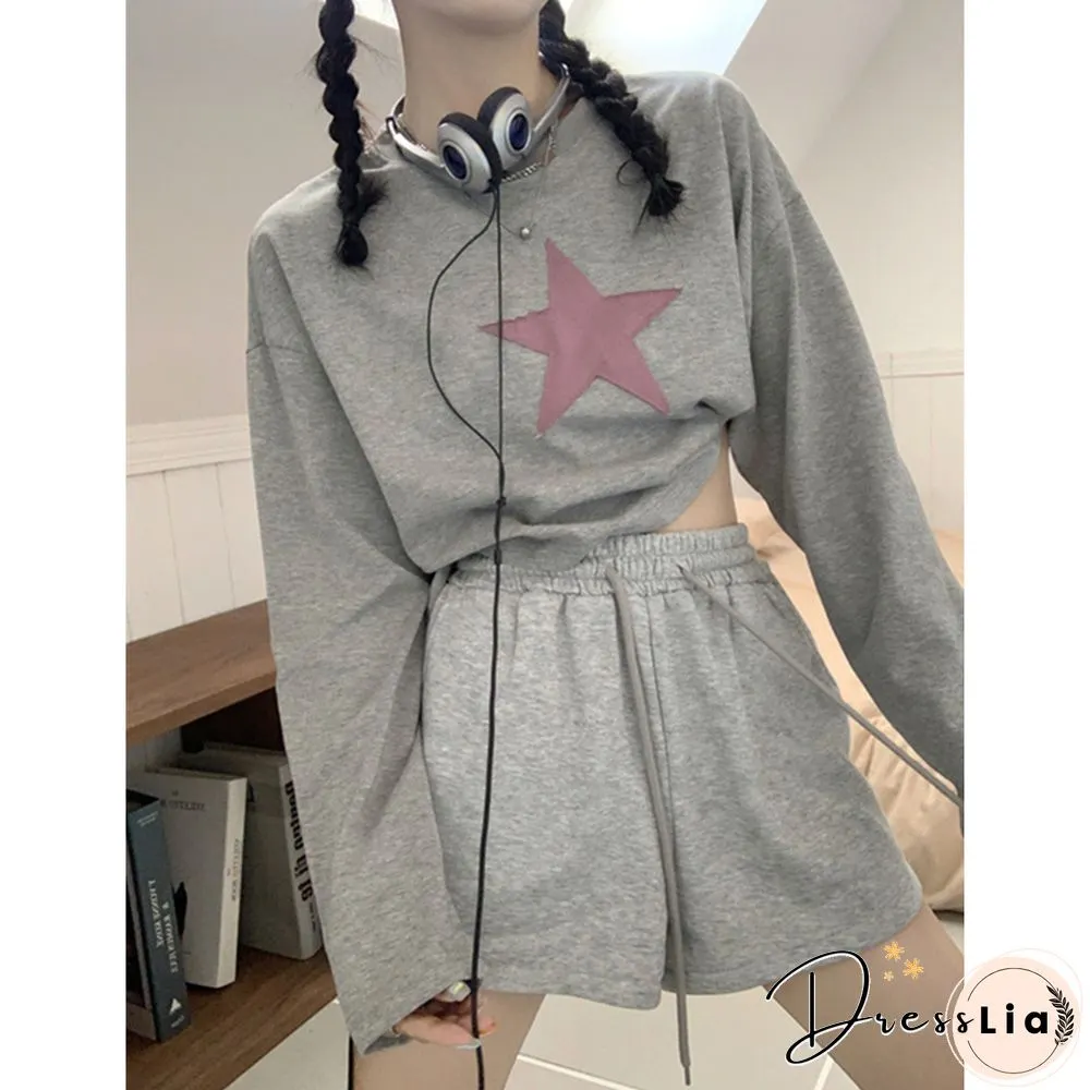 Fairycore Hoodies Women Grunge Pentagram Pattern Long Sleeve Crop Tops Y2k Aesthetic