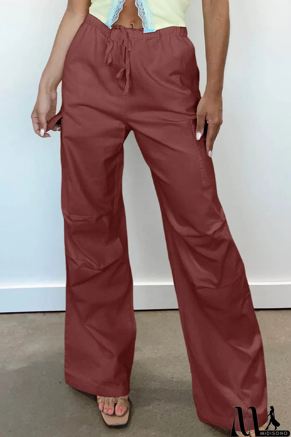 MidiSono - Mineral Red Solid Color Drawstring Waist Wide Leg Cargo Pants