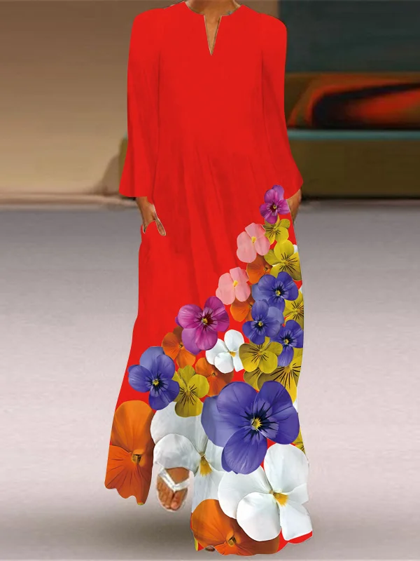 V-Neck Long Sleeve Pocket Print Loose Casual Maxi Dresses