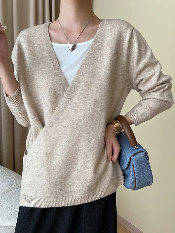 Long Sleeves Loose Asymmetric Buttoned V-neck Sweater Tops