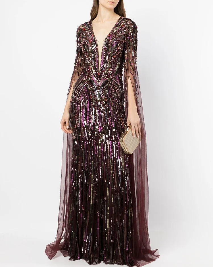 sequin embellished draped gown