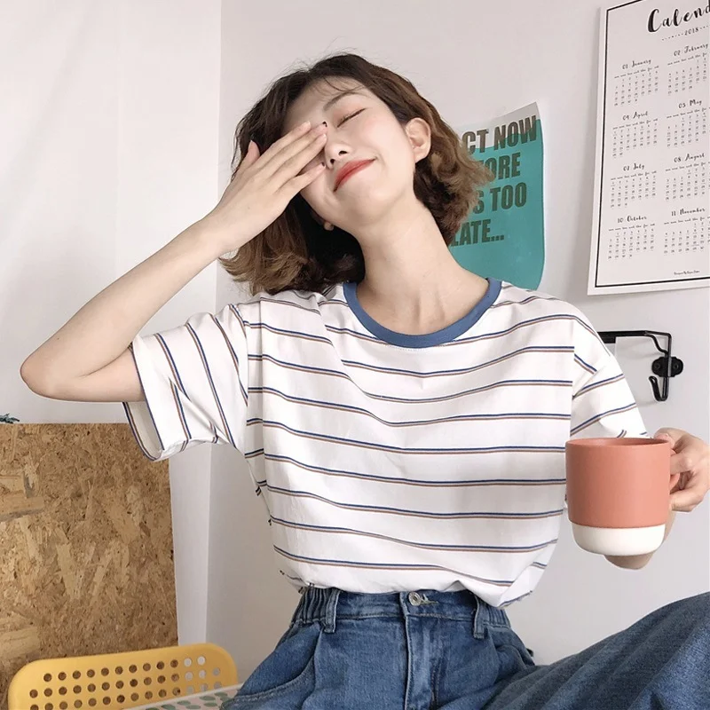 Brownm Brownm T-Shirt Women 2024 New Summer College Wind Loose Show Thin Stripe Students On Clothes Women's T-Shirt Ins Tide