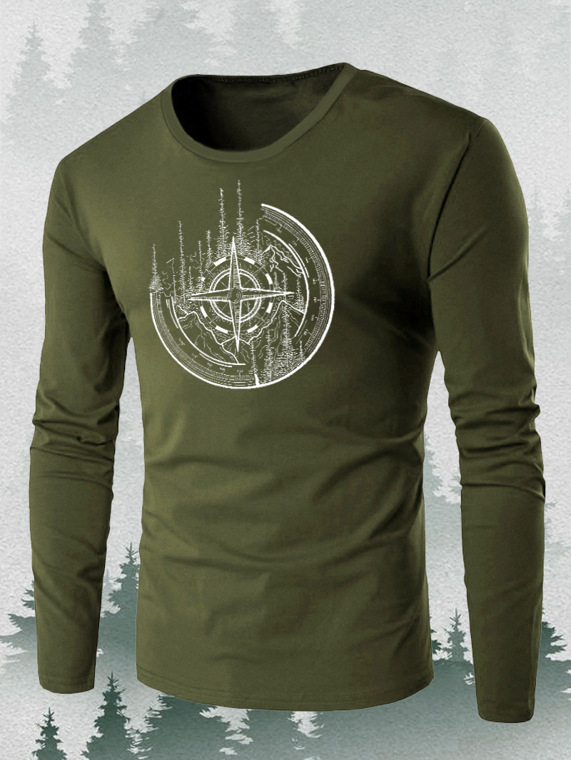 Men's Outdoor Compass Forest Style Quality Long Sleeve T-Shirt