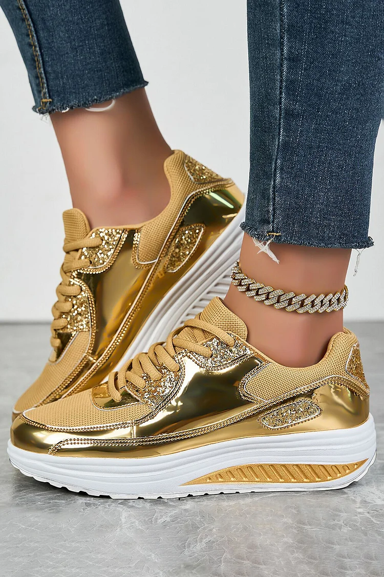Metallic Sheen Patchwork Round Toe Lace Up Casual Sneakers
