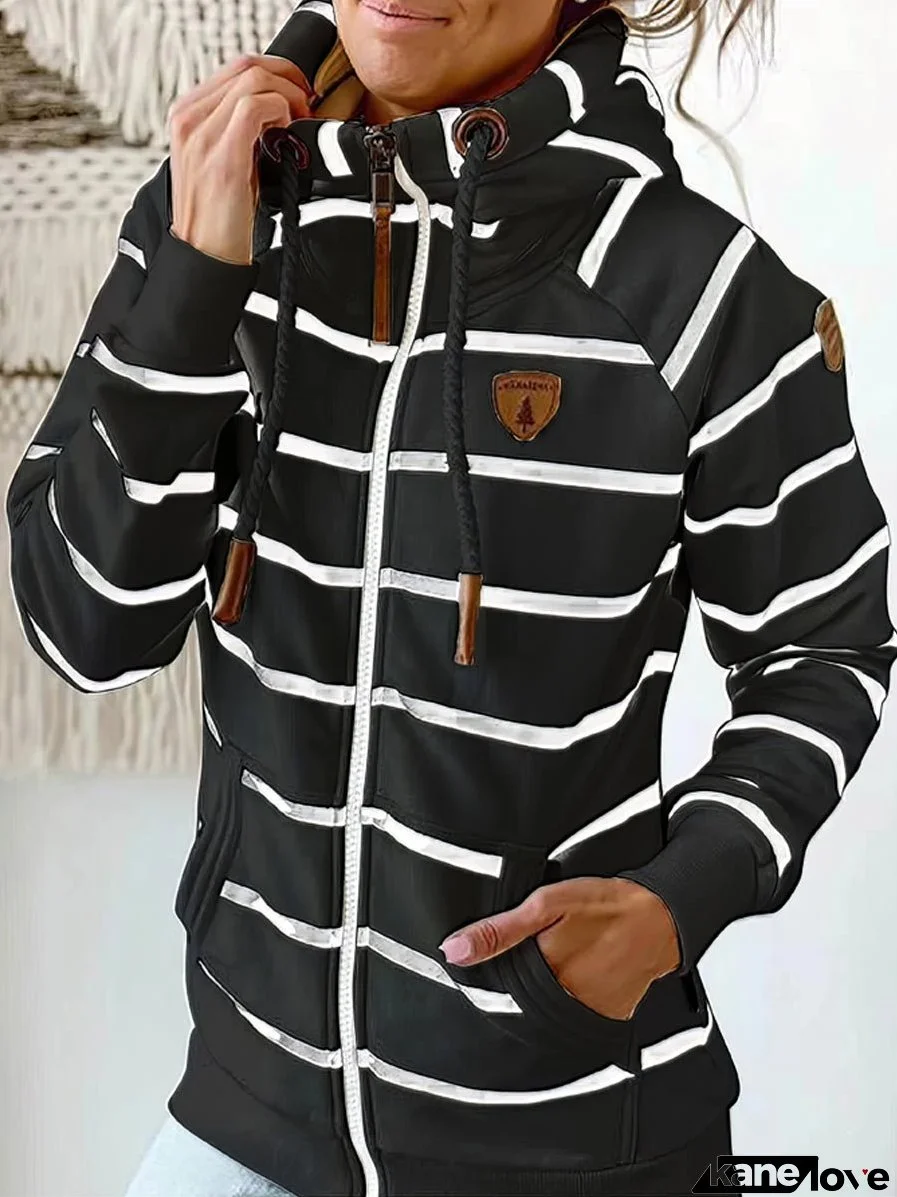 Women's Hoodies Leather Striped Pocket Zip Hoodie