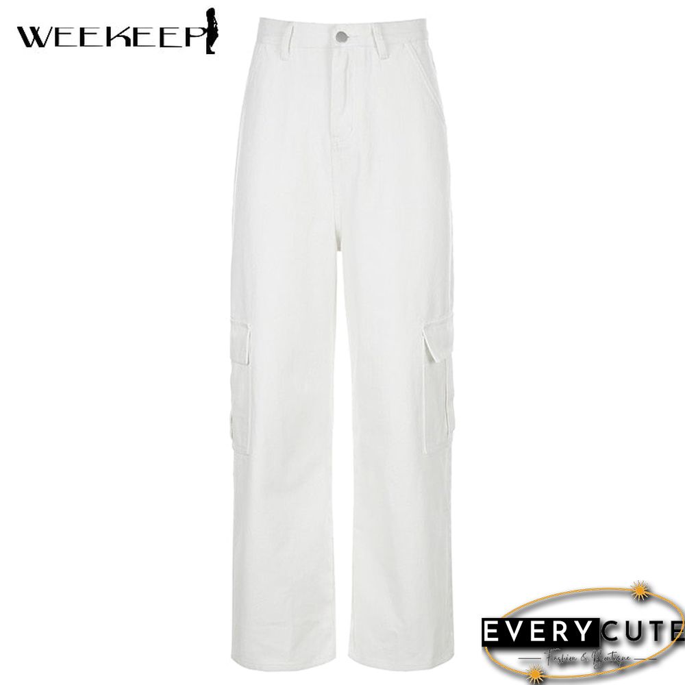 Weekeep Pockets Patchwork High Waist Women Streetwear Straight Jean Femme Blue Cotton
