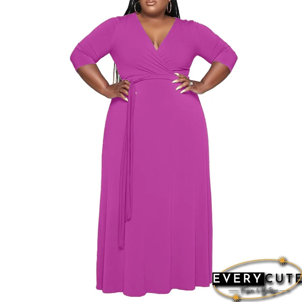 Rosy V Neck 3/4 Sleeve Plus Size Dress with Tie