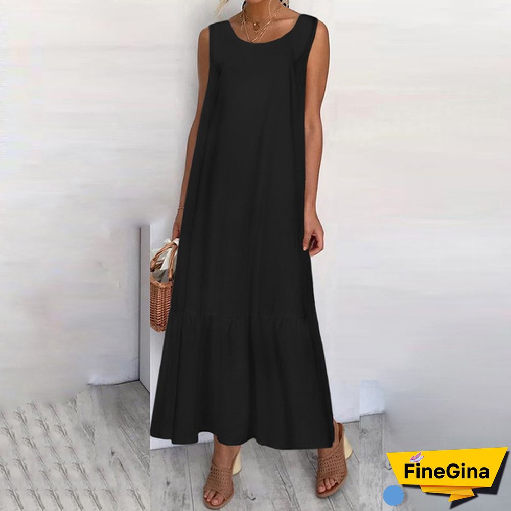 Womens Sleeveless Vest Long Dress O Neck Solid Color Party Casual Loose Summer Maxi Dresses Plus Size