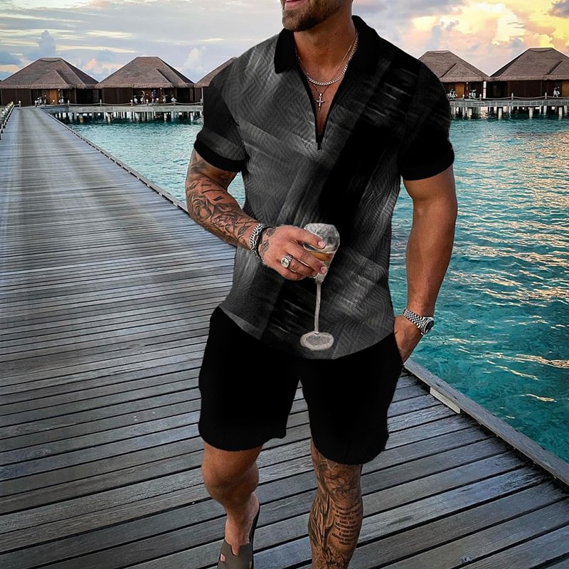 Fashion Black Gray Gradient Polo Shirt And Short Co-Ord