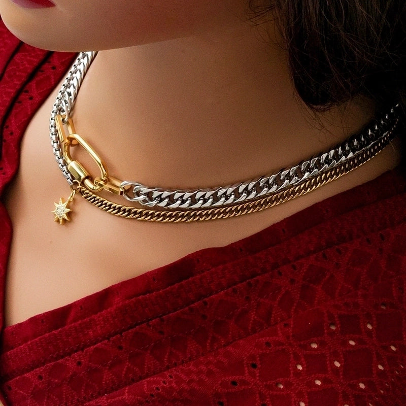 Titanium Steel Copper Star Oval Pendant Necklace