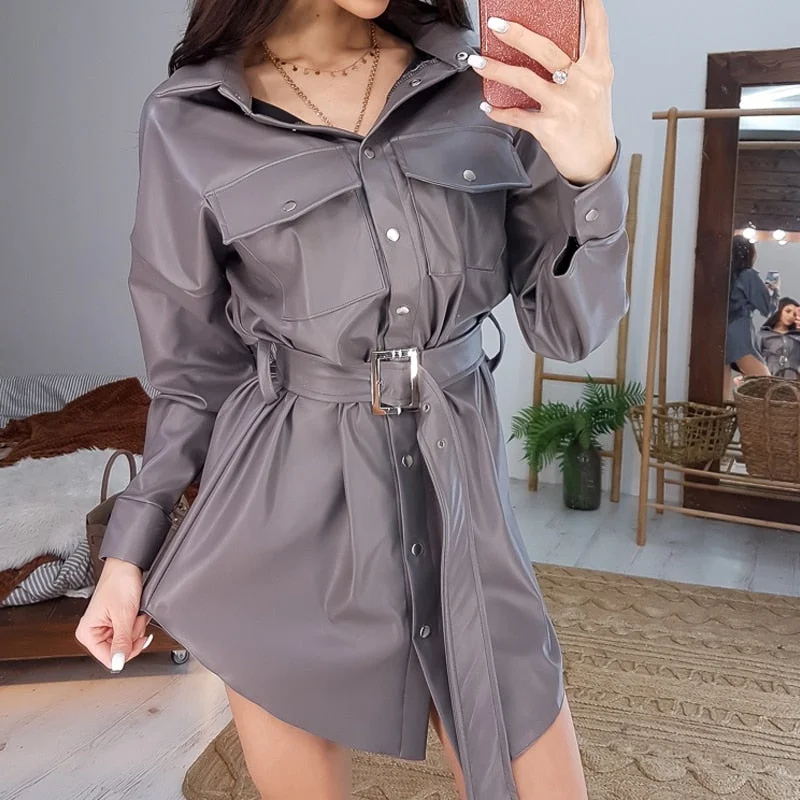 Women Sexy Pu Leather Mini Dress Casual Solid Long Sleeve A Line Turn Down Collar Party Dress Ladies Elegant Sashes Slim Dress