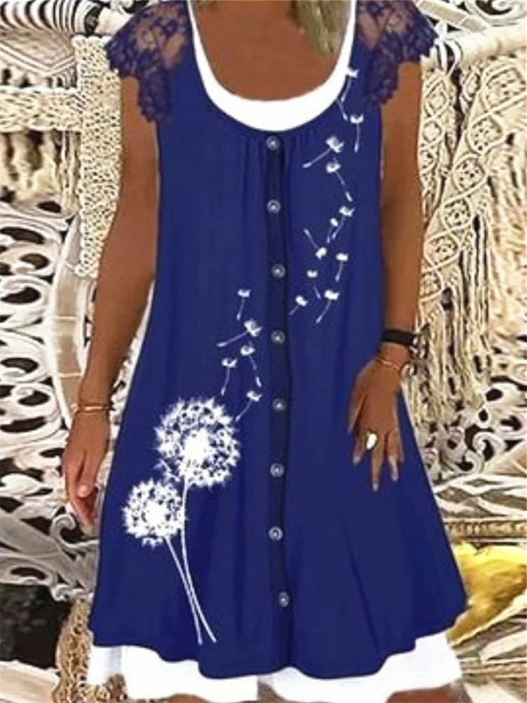 Dandelions Print Lace Cap Sleeve Midi Dress