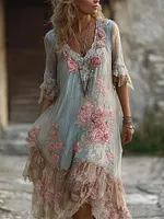 Vintage Boho Pink Roses Lace Layered Linen Maxi Dress