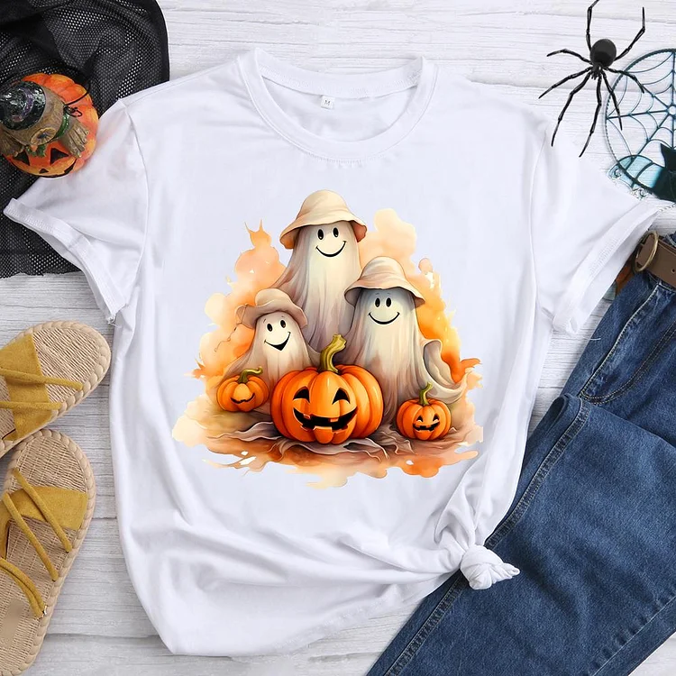 Halloween Pumpkin Ghost Round Neck T-shirt-0019572