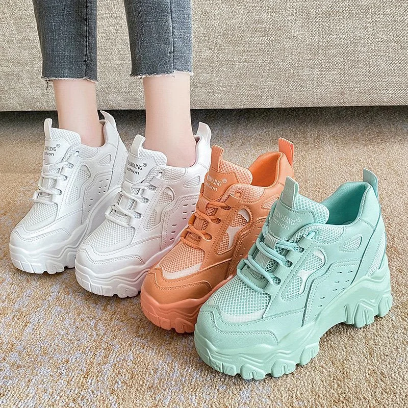 Women High Top Sneakers 2022 Spring Breathble Chunky Casual Shoes New Outdoor Thick Bottom Trend Women Vulcanized Dad Shoes 10cm