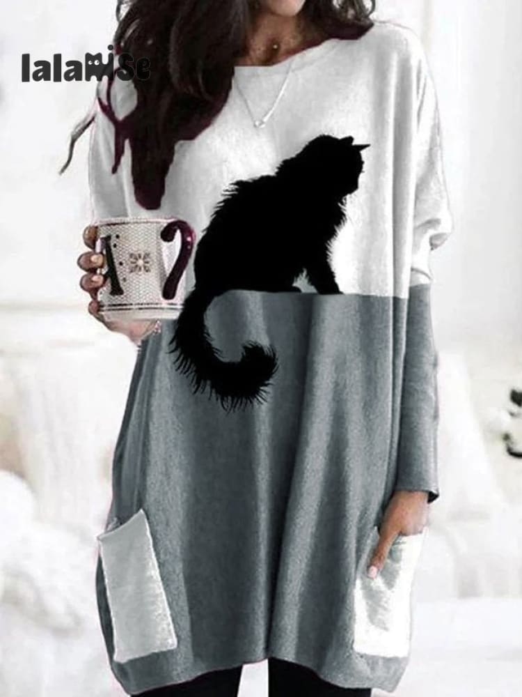 Cat Print Casual Mid - Length Multi - Pocket Round Neck Knitted Dress Gray White / S(6 - 8)