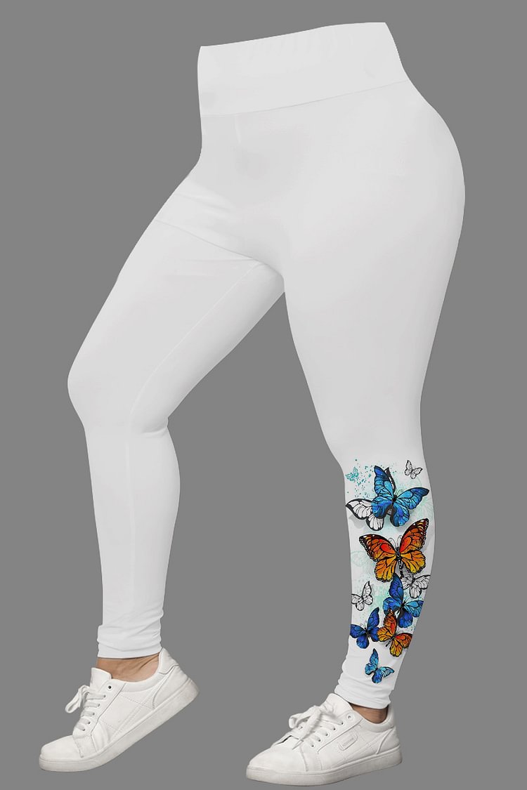 Flycurvy Plus Size Casual White Ombre Butterfly Print Legging  flycurvy [product_label]