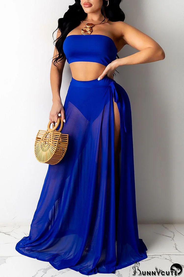 Blue Sexy Solid Split Joint Slit Strapless Sleeveless Three Pieces