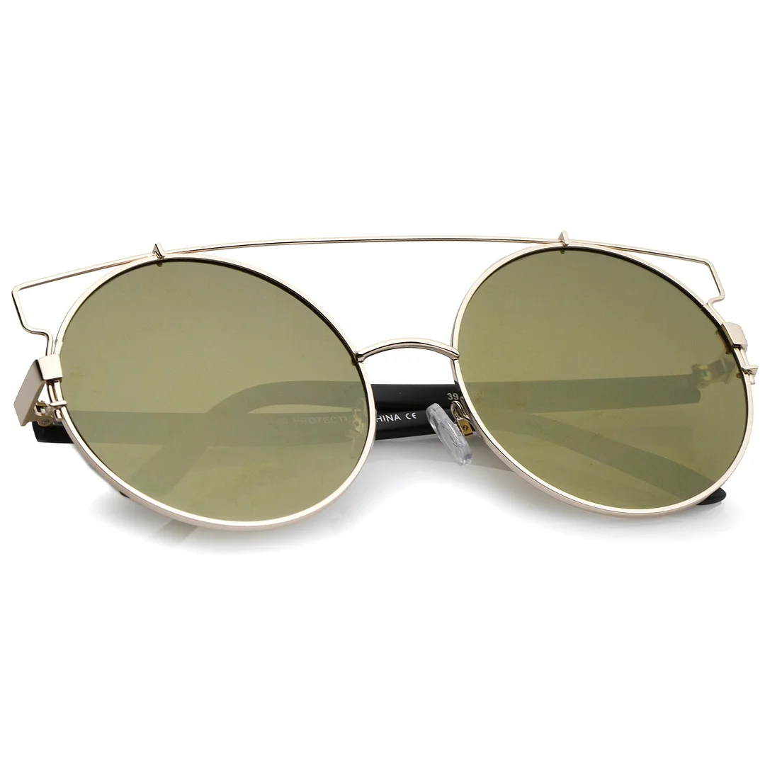 Oversize Metal Frame Horn Rimmed Crossbar Mirror Flat Lens Round glasses 62mm