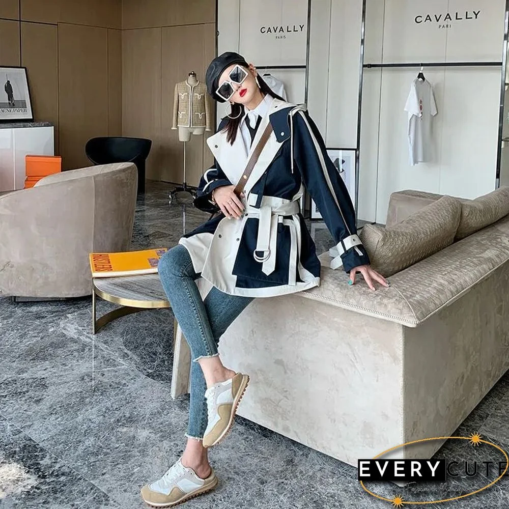 Patchwork Long Trench Coat Ladies High Street Loose Belt Hooded Plus Size Coat