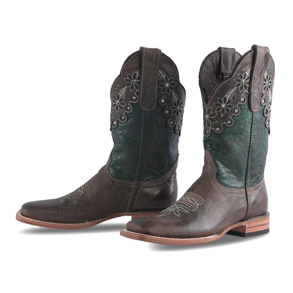 Brown & Green Flower Inlay Studded Square Toe Mid-Calf Cowgirl Boots Nicepairs