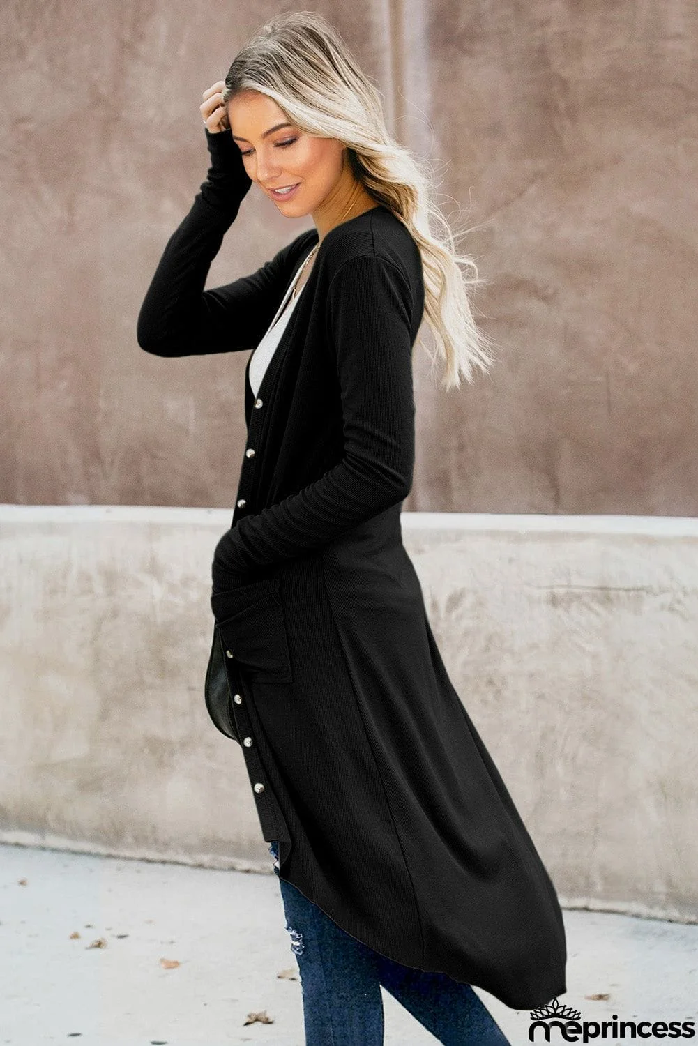 Selected Button Pocketed High Low Cardigan