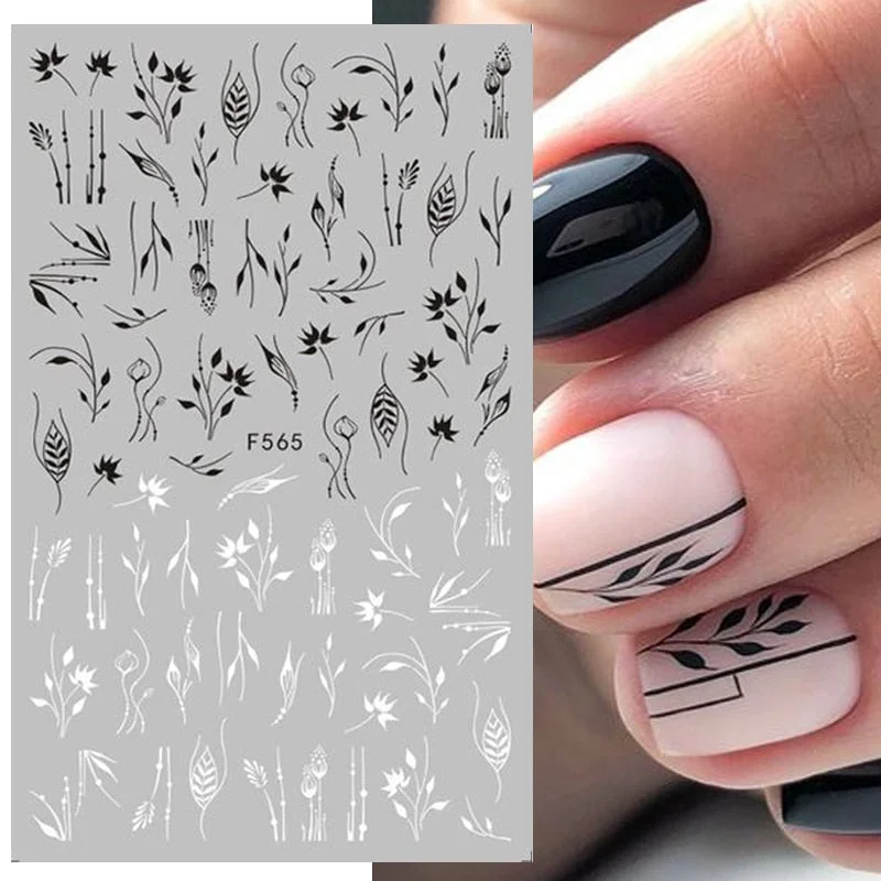 1PC Black White Leaves Flower 3D Nail Stickers Tropical Plants Mandala Leaf Geometry Transfer Decals Nail Art Decorations-Nail Inspo