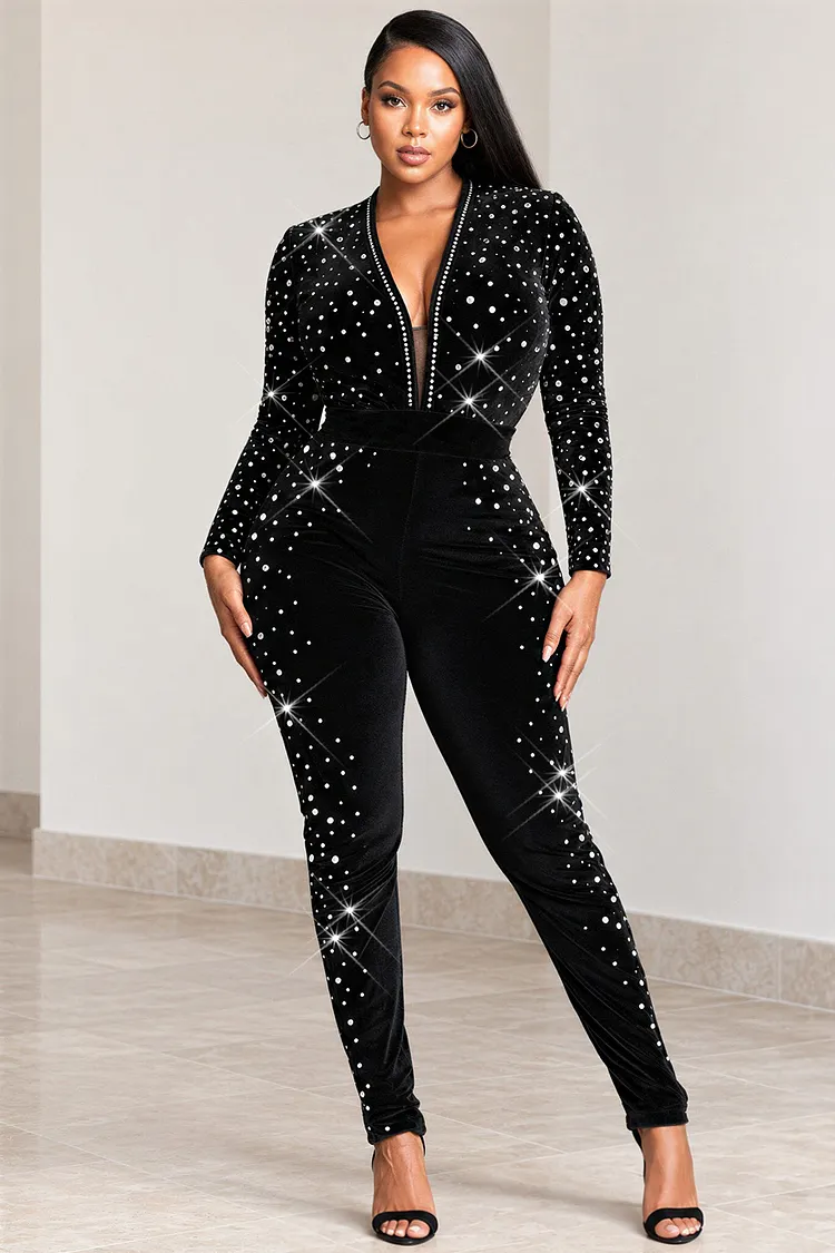 Xpluswear Design Plus Size Cocktail Party Black V Neck Long Sleeve Drilling Velvet Jumpsuits [Pre-Order] 2024 - Xpluswear