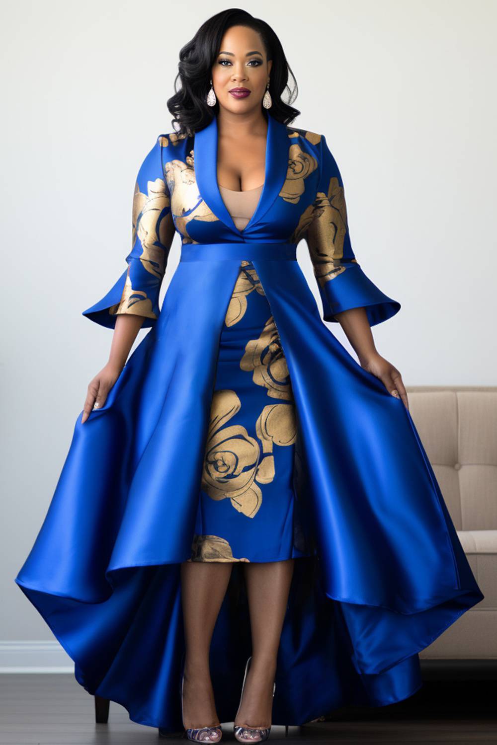 Xpluswear Design Plus Size Formal Royal Blue Floral Turndown Collar Flare 3/4 Sleeve Detachable Overskirt Ruffle Satin Midi Dresses
