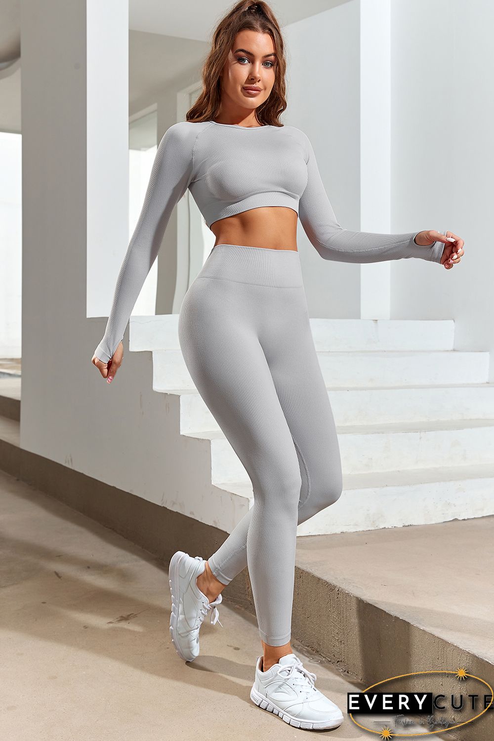 Gray Long Sleeve Seamless Crop Smoke