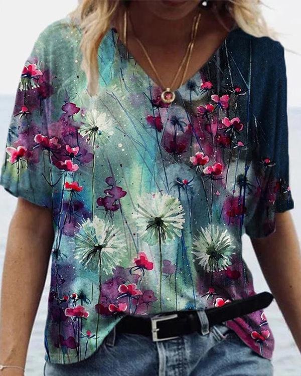 Graffiti Flower Print Short Sleeve T-shirt