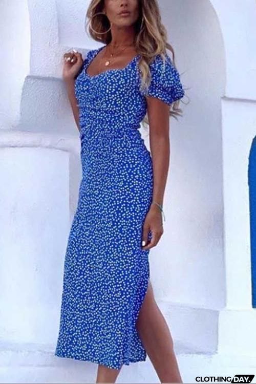 Print Slit Short Sleeve Dress