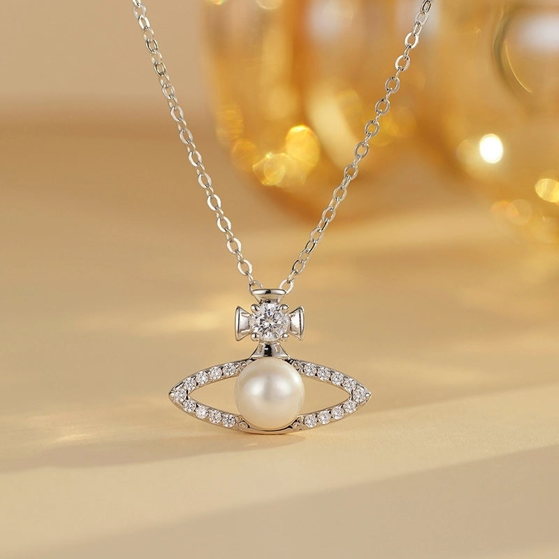 925 Sterling Silver Long-Lasting Plated Pearl Zircon Cable Chain Polishing Plating Inlay Geometric Pendant Necklace