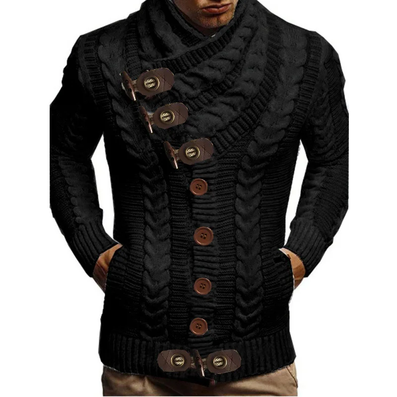 Wongn Wongn Men's Turtleneck Button Horn Buckle Knit Fashion Cardigan Men's Sweater