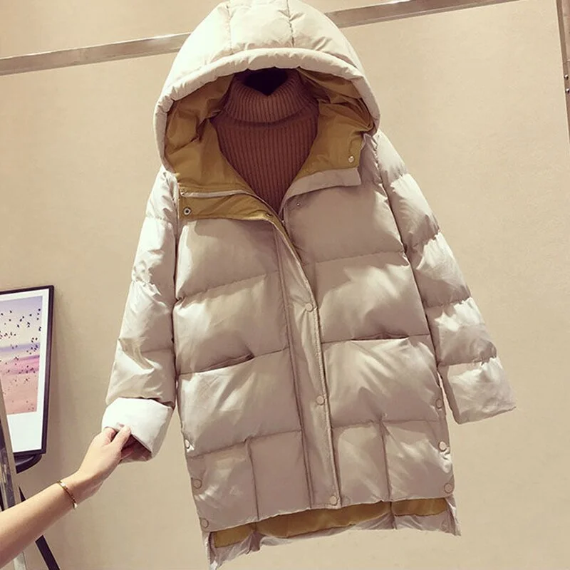 Cotton 2020 Long Padded Hooded Parka Women Mid-Length Loose Warm Thick Zipper Pocket Outwear Coat For Women