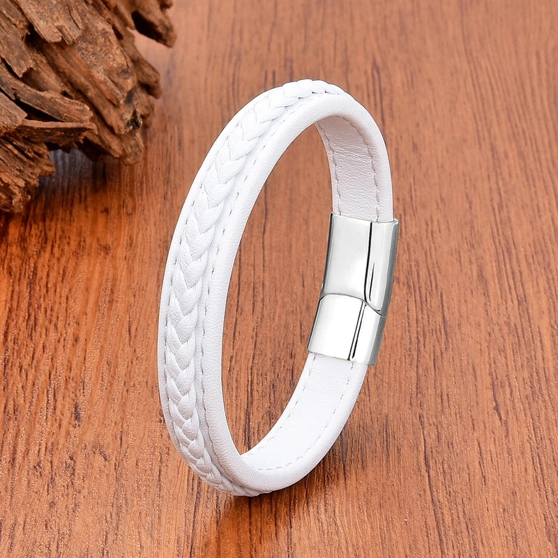 Minimalist Classic Style Commute Solid Color 316L Stainless Steel Leather Rope Unisex Bracelets