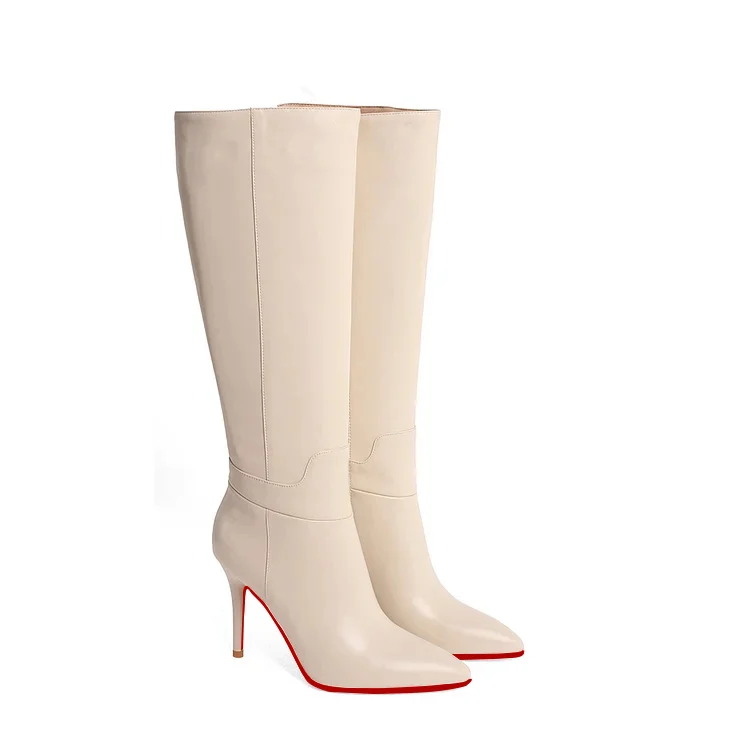 95mm/3.75 inch women's knee-high red bottom high heel boots two-color stitching matte stiletto zipper high heels VOCOSI VOCOSI