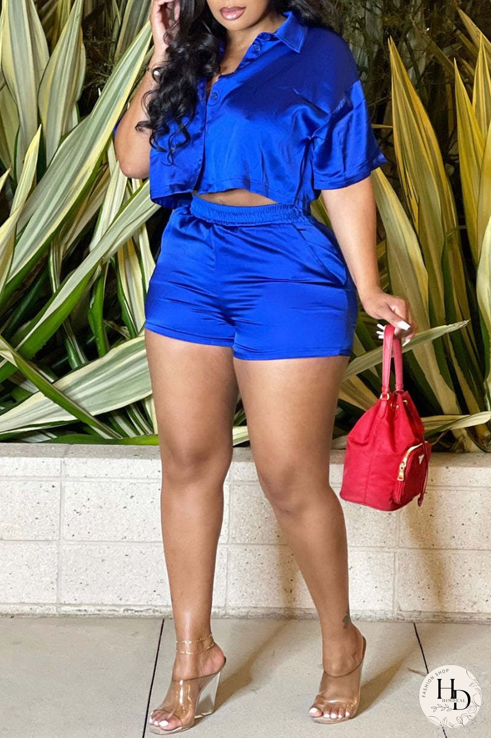 Rose Red Casual Solid Patchwork Buckle Turndown Collar Short Sleeve Two Pieces