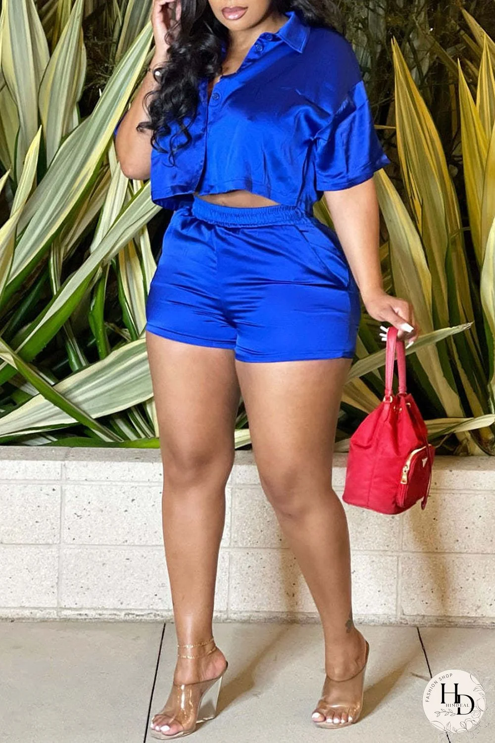 Rose Red Casual Solid Patchwork Buckle Turndown Collar Short Sleeve Two Pieces