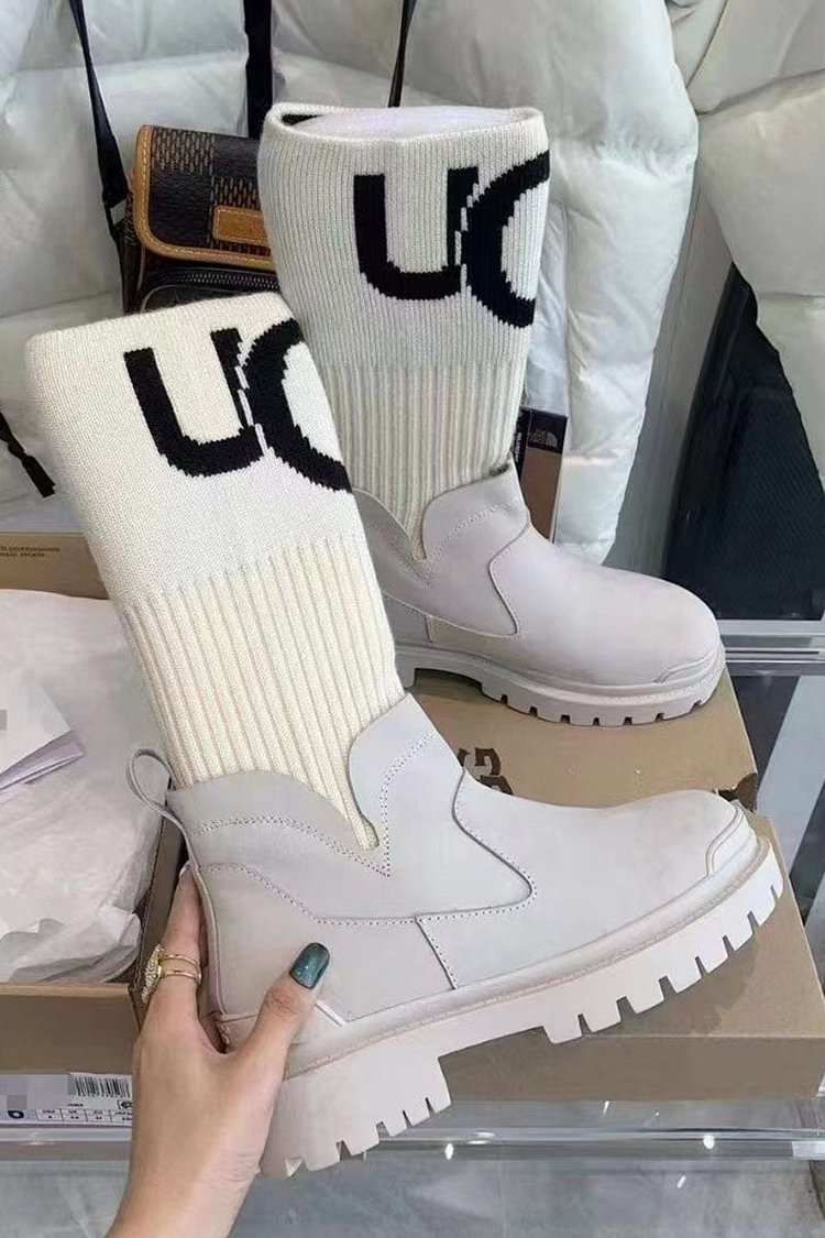 Knit Patchwork Letter Print Mid Calf Boots