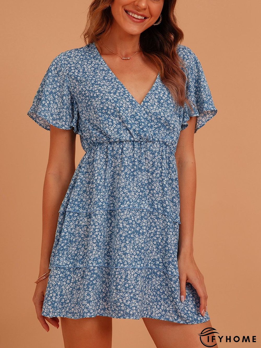 Blue Sweet V Neck Silk-Chiffon Weaving Dress | IFYHOME
