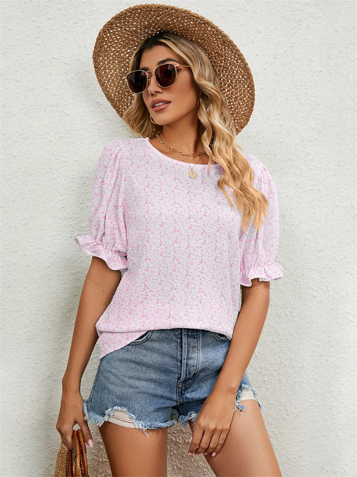 Explosive Women's Summer New Floral Tops Female Loose and Versatile Round Neck Set Head Ruffle T-shirt Sensual Wind-Cosfine