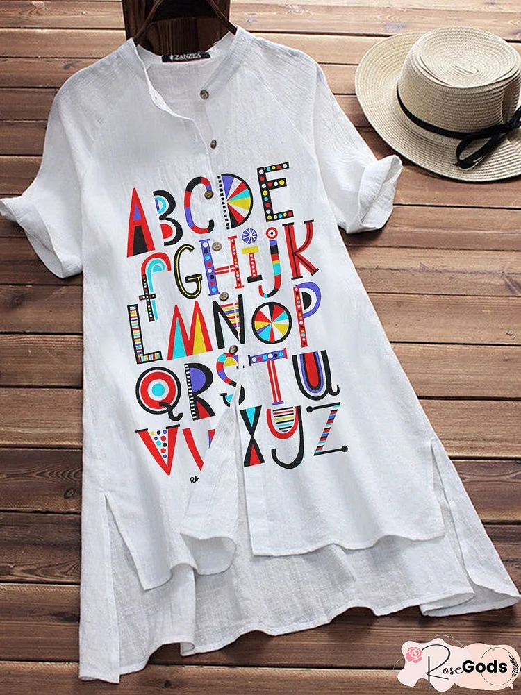 White Letter Simple Cotton-Blend Tops